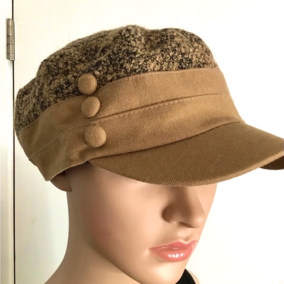 Women's Brown Baker Boy Hat Mixed Tweed & Fabric with 3 buttons on right side - Picture 3 of 9